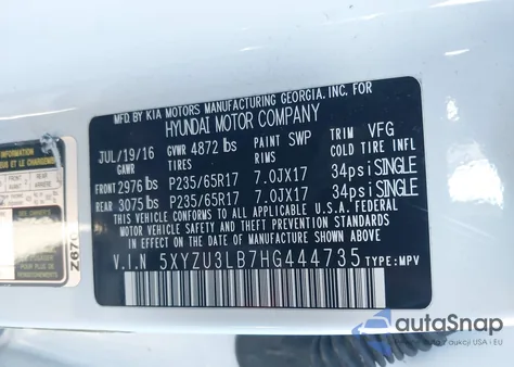 2017 Hyundai Santa Fe Sport 2.4L from USA, damaged, VIN 5XYZU3LB7HG444735